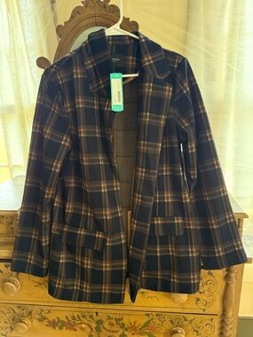 Liverpool Navy and Tan Plaid Open-Front Blazer